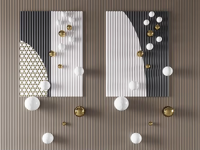 Modern Geometric Wall Decor Featuring Black White Gray Panels Gold White Spheres And Striped Design 3d model