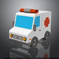 White Ambulance With Red Cross Symbol And Red Gray Roof Emergency Lights And Blue Windows