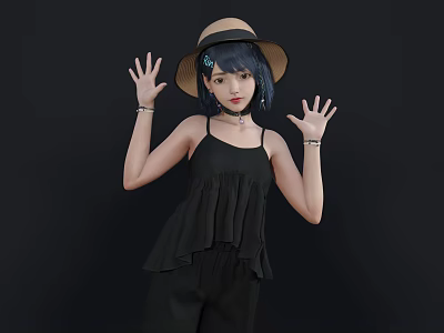 Woman With Blue Hair And Straw Hat Wearing Black Ruffled Camisole And Pants Raising Hands 3d model