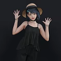 Woman With Blue Hair And Straw Hat Wearing Black Ruffled Camisole And Pants Raising Hands