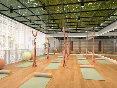 Yoga Studio With Mats Wooden Floors And Green Ceiling 3d model