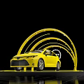 Yellow Car Showcased With Circular Yellow Arches And LED Lights On Reflective Floor
