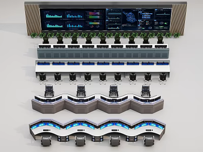 Monitoring Center Functional Console Desks with Multiple Rows Displays and Ergonomic Chairs 3d model