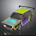 Vintage Car With Colorful Paint Yellow Green Blue Purple And Black Rear Spoiler Pink Wheels