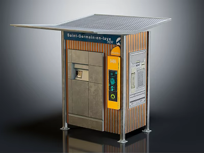 Outdoor Public Kiosk Structure With Canopy Roof Wooden Panels And Digital 3d model
