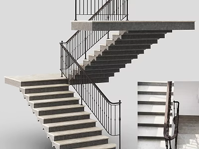Modern Staircase With Concrete Steps And Black Metal Railings Design 3d model