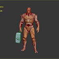Orange Red Armored Humanoid Character Standing With Blue Device In Hand
