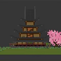 Cartoon Scene Of Japanese Multilayer Tower With Black Roof Pink Cherry Blossoms And Green Grass