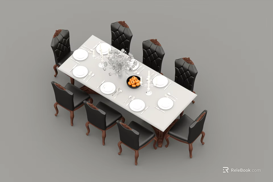 Wooden Rectangular Dining Table Set With Black Upholstered Chairs White Plates Candlesticks And Orange Centerpiece 3d model