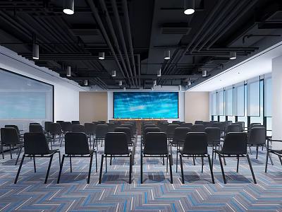Modern Conference Room With Black Chairs Large Screen And Blue White Carpet 3d model