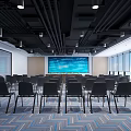 Modern Conference Room With Black Chairs Large Screen And Blue White Carpet