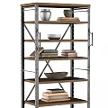 Industrial Bookcase with Metal Frame and Wooden Shelves Stacked Books Decorative Bowls and Storage Box