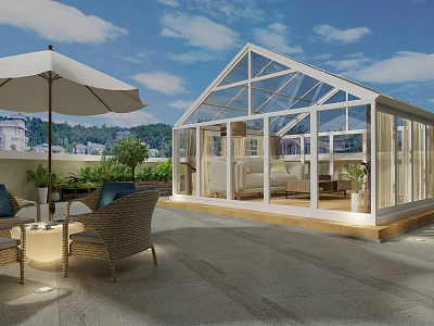 Villa Balcony Featuring Glass Sunroom Wicker Furniture And Mountain View 3d model