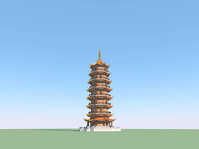 Traditional Chinese Pagoda Multi Tiered With Golden Roof Against Clear Blue Sky And Green Ground 3d model