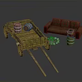 Vintage Wooden Cart with Brown Sofa Wooden Barrels and Blue Items