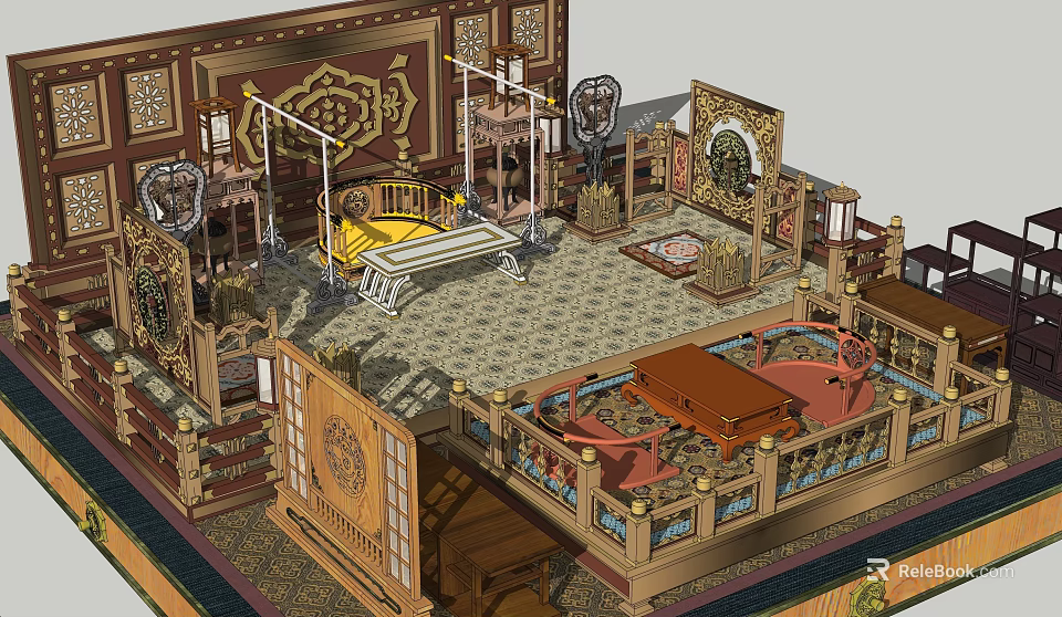 Traditional Chinese Interior Design With Carved Furniture Ornate Decorations And Classic Layout 3d model 