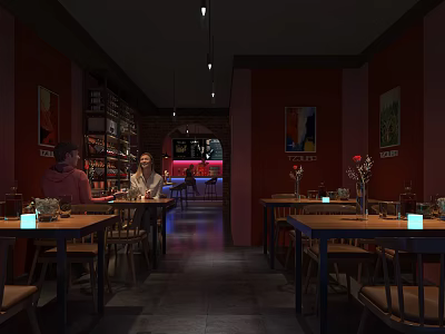 Intimate Restaurant Interior With Dining Tables Chairs Wall Paintings Red Decor And Diners 3d model
