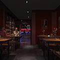 Intimate Restaurant Interior With Dining Tables Chairs Wall Paintings Red Decor And Diners
