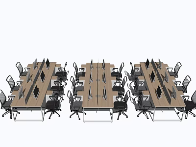 Neatly Arranged Wooden Office Desks with Computers and Black Chairs in Workspace 3d model
