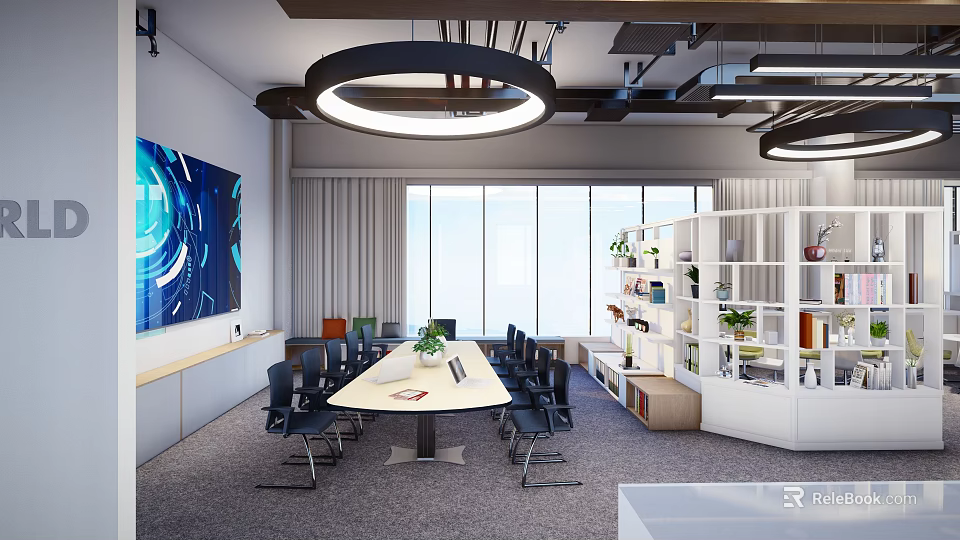 Modern Office Interior Design With Conference Table Large Windows And Green Plants 3d model