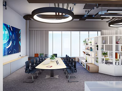 Modern Office Interior Design With Conference Table Large Windows And Green Plants 3d model