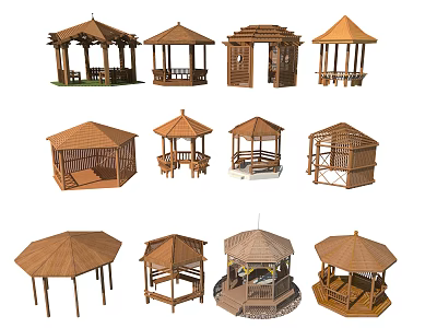 Various Wooden Gazebos With Different Designs And Outdoor Structures 3d model