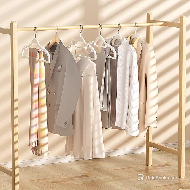 Clothes Hanging On Wooden Rack Including Suit Jacket Dress Cardigan And Scarf With Sunlight Shadows 3d model 