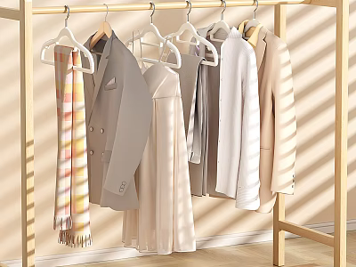 Clothes Hanging On Wooden Rack Including Suit Jacket Dress Cardigan And Scarf With Sunlight Shadows 3d model