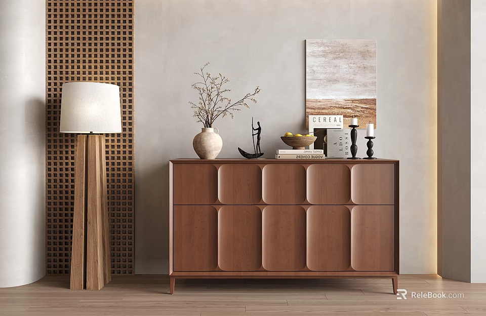 Entryway Wooden Console Table With Decorative Vase Lamp Wall Art And Modern Home Decor 3d model 