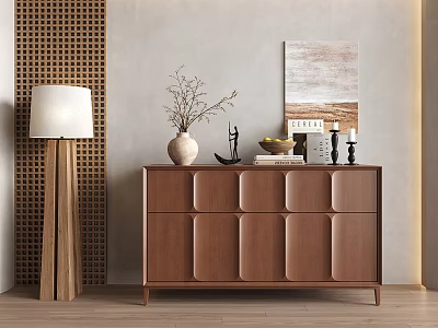 Entryway Wooden Console Table With Decorative Vase Lamp Wall Art And Modern Home Decor 3d model