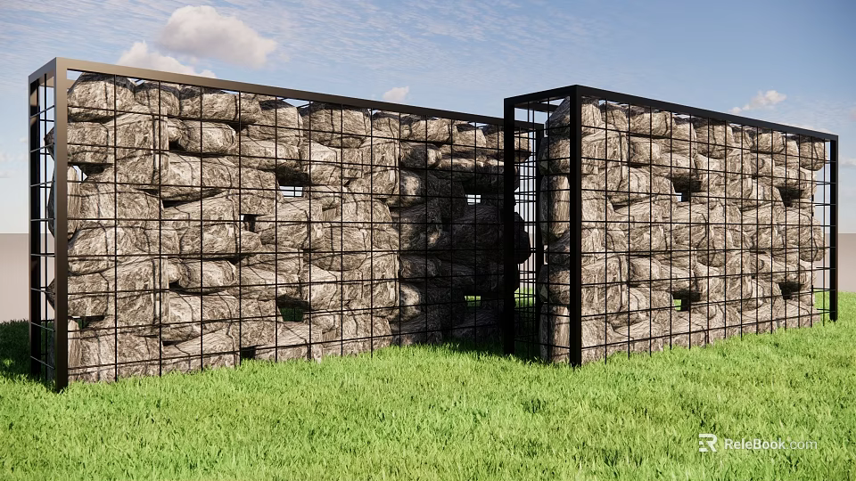 Building Exterior Wall with Gabion Black Metal Frame Natural Stones Green Grass Blue Sky 3d model 