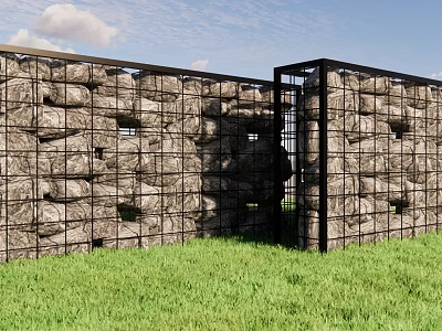 Building Exterior Wall with Gabion Black Metal Frame Natural Stones Green Grass Blue Sky 3d model