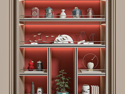 Ornamental Decor Combination on Red Backdrop Illuminated Display Shelf with Teapots Vases Sculptures Potted Plant 3d model