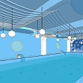 Indoor Swimming Pool With Blue Walls Ceiling White Lines Hanging Lights And Circular Windows