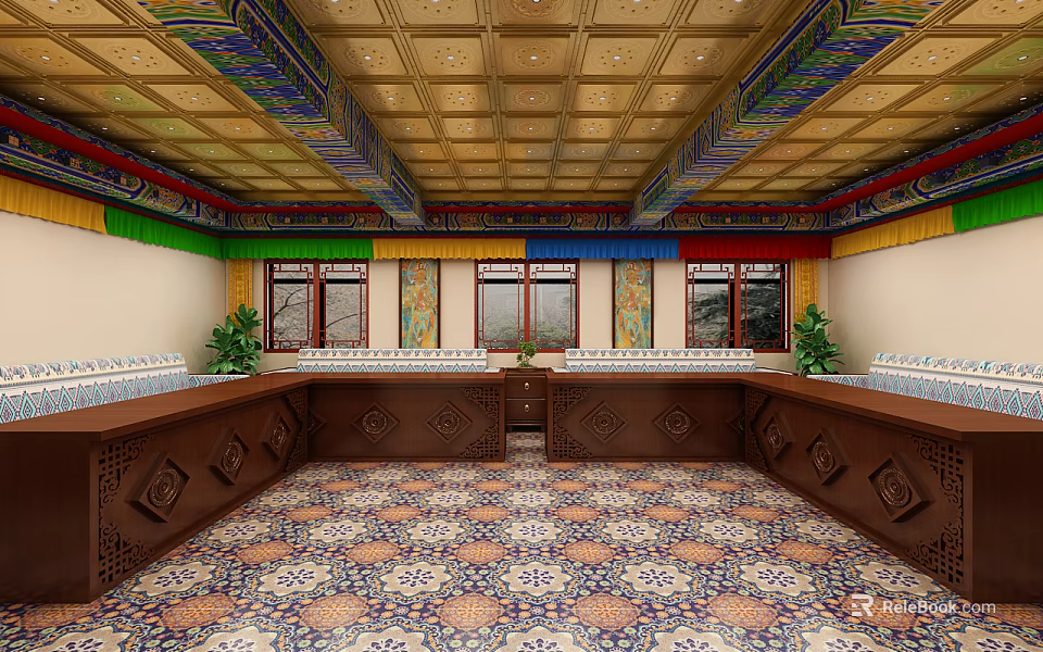 Traditional Chinese Conference Room With Ornate Ceiling Patterned Floor Tiles And Wooden Windows 3d model 