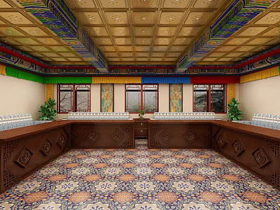 Traditional Chinese Conference Room With Ornate Ceiling Patterned Floor Tiles And Wooden Windows 3d model