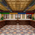 Traditional Chinese Conference Room With Ornate Ceiling Patterned Floor Tiles And Wooden Windows