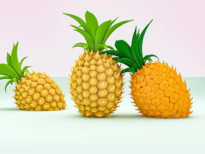 Three Fresh Ripe Pineapples With Green Leaves On Pink And Light Green Background 3d model