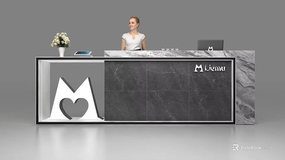 Modern Marble Reception Desk with Vase Flowers Tablet Laptop and Heart shaped Logo 3d model 
