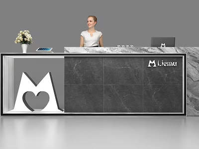 Modern Marble Reception Desk with Vase Flowers Tablet Laptop and Heart shaped Logo 3d model