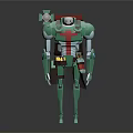 Mechanical Character in Green Armor with Red Details Shoulder Mount Standing Pose on Dark Background