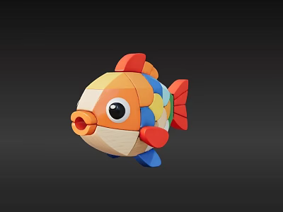 Colorful Wooden Cartoon Fish Toy With Bright Red Yellow Blue And Orange Patterns 3d model