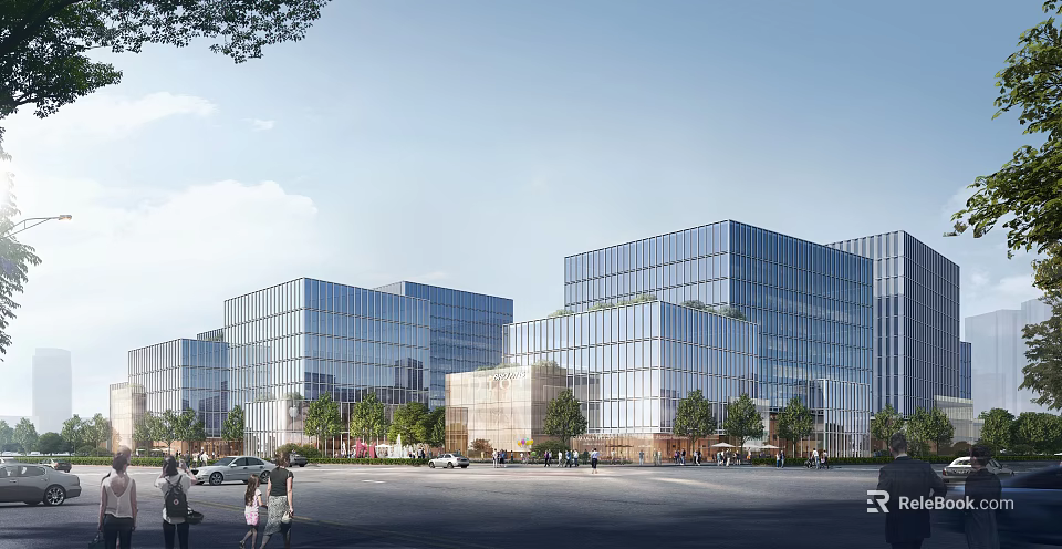 Modern Glass Office Building Exterior with Trees Pedestrians and Vehicles 3d model 