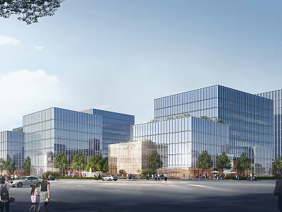 Modern Glass Office Building Exterior with Trees Pedestrians and Vehicles 3d model