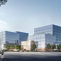 Modern Glass Office Building Exterior with Trees Pedestrians and Vehicles