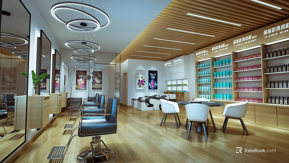 Modern Beauty Hair Salon Interior With Styling Chairs Mirrors Product Shelves And Wooden Flooring 3d model 