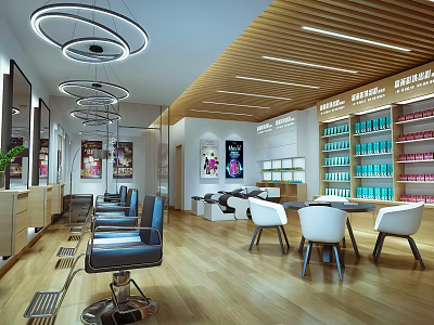 Modern Beauty Hair Salon Interior With Styling Chairs Mirrors Product Shelves And Wooden Flooring 3d model