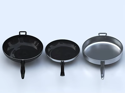 Three Black And Silver Non Stick Pans With Handles For Kitchen Cooking 3d model