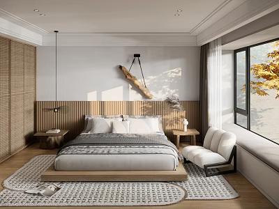 Modern Minimalist Bedroom Interior Design With Wooden Headboard Bedside Tables And Window Chair 3d model