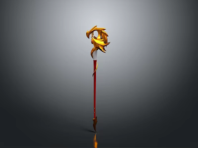 Ornate Fantasy Staff With Golden Decorative Top Red Shaft And Spiked Base 3D Render 3d model